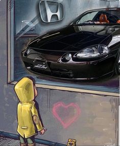 a car is parked in front of a wall with graffiti on it and a person wearing a yellow raincoat