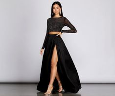 Elegant Long Sleeve Fitted Two-piece Dress, Fitted Long Sleeve Two-piece Dress For Party, Long Sleeve Two-piece Dress For Night Out, Chic Two-piece Long Sleeve Dress, Chic Long Sleeve Two-piece Dress, Long Sleeve Stretch Dresses For Prom Season, Long Sleeve Stretch Dresses For Prom, Chic Fitted Long Sleeve Two-piece Dress, Stretch Long Sleeve Dresses For Prom Season