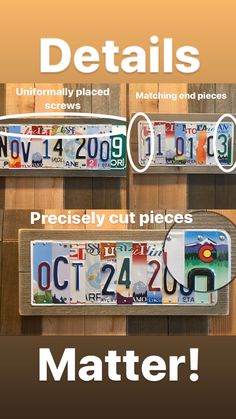 three license plates are on display with the words, details and prices written below them