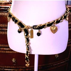 The Limited-80s-90s Vintage Gold Ornate Chain Belt With Black Leather-Like Braiding And Gold/Black Balls And Hearts Charms.... Clasp Closure...Hallmarked/Stamped...37" Total Length... Great Pre-Owned Condition With Wear On Clasp And Label Tag...See Images #Rare Hair Charms, Red Belt, The Limited, Chain Belt, Heart Of Gold, Vintage Colors, Heart Charm, Vintage Gold, Black Leather