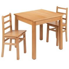 a wooden table and two chairs sitting next to each other on top of a white background