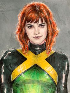 a drawing of a woman with red hair wearing a green and yellow suit, standing in front of a gray background