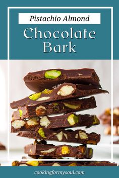 chocolate bark with pistachio almonds on top and the words pistachio almond chocolate bark