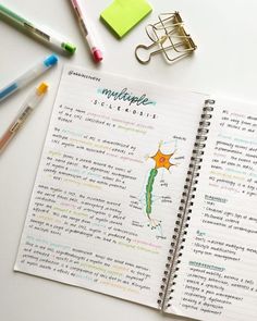 an open notebook with writing on it next to markers, pens and other office supplies