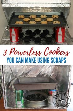 an oven that has cookies in it and the words 3 powerless cookers you can make using scraps