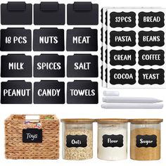 black chalkboard labels and food in jars