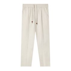 Front-facing product image of the 'Easy-Going Pants' in Sand linen that showcases its elasticized waist linked to drawstrings with varnished wood stoppers, sewn pleat, functional button-fly, and zippered side pocket concealed on right side seam, shot on a white background. Tailored Beige Linen Pants, Cream Linen Pants For Work, Cream Linen Workwear Pants, Tailored Linen Casual Pants, Tailored Casual Linen Pants, Classic Beige Linen Pants, Relaxed Pants, Waistband Pants, Family Photo Album