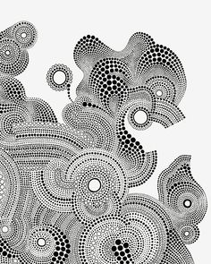 an abstract black and white drawing with circles on it's surface, in the shape of fish