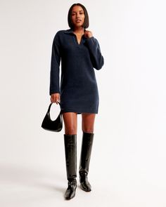 Easy-fitting long-sleeve sweater dress in our soft sweater-knit fabric, featuring a v-neckline, classic collar detail, rib trims and banded hem and cuffs. Winter Shopping, Mini Sweater, Long Sleeve Sweater Dress, American Clothing, Dark Indigo, Mini Sweater Dress, Long Jumpsuits, Soft Sweater, Suits Coats