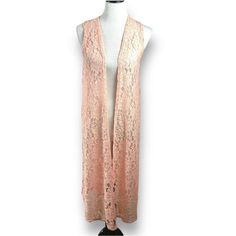 New W/T Lularoe Women Joy Peach Pink Lace Floral Long Vest Duster Xs Pink Open Front Outerwear For Summer, Pink Long Summer Outerwear, Long Pink Summer Outerwear, Spring Peach Outerwear, Feminine Pink Summer Outerwear, Pink Summer Outerwear For Brunch, Long Vest, Long Vests, Peach Pink