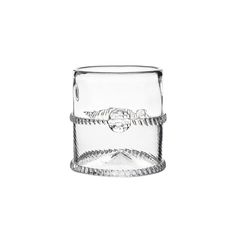 a clear glass with a rope around the rim and bottom is shown in front of a white background