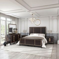 a bedroom with a bed, dresser and mirror on the wall next to a large window