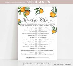 a printable wedding game with oranges on it and the words, world of the bitter