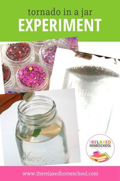 a jar filled with lots of different colored confetti next to a pink and green background