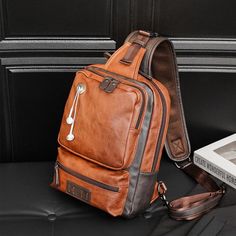 PU Leather Men Sport Bags Male Travel Chest Bag - Woosir Brown Chest Bag With Large Capacity In Backpack Shape, Travel Chest Bag Backpack For Mobile Phone, Travel Chest Bag Backpack For Mobile, Brown Travel Chest Bag, Portable Brown Chest Bag For Travel, Brown Chest Bag For Travel, Brown Leather Backpack With Anti-theft Pocket, Rectangular Brown Leather Backpack With Anti-theft Pocket, Brown Leather Rectangular Backpack With Anti-theft Pocket