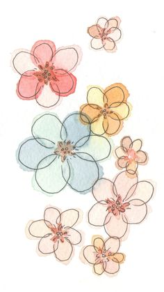 four different colored flowers on a white background