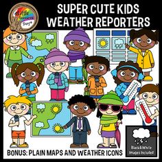 This Super Cute Weather Reporter Kids Clip Art set includes Children images in seasonal clothes holding microphones, weather forecasters / operational meteorologists pointing maps and bonus weather type icons to build your own maps to use for your educational , personal and commercial resources. It includes 18 different kids in 2 skin tones and 14 individual pieces of clip art to create unique weather maps! These images are perfect for weather station dramatic play centers!This set is included i Weather Station Dramatic Play, Cute Weather, Kids Clip Art, Ela Worksheets, Learning Stations, Weather Map, Dramatic Play Centers, Weather Icons, Tot School