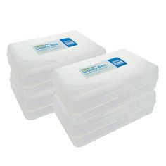 three plastic storage containers with lids on each side, one is clear and the other is white