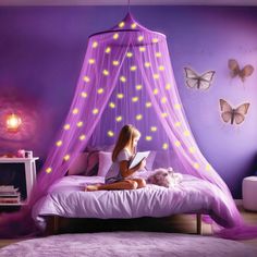 PRICES MAY VARY. Polyester GLOW IN THE DARK UNICORNS! Light up your bedroom with our canopy bed curtains. Let unicorns absorb light, make room completely dark and enjoy the galaxy! PURPLE GIRLS ROOM DECOR! Our decorative canopies are designed with one overlapping opening for ease of entrance and provide a luxurious or cozy bedroom atmosphere. SETUP IN SECONDS! Free hanging kit included, hang the bed canopy in seconds with the adhesive ceiling hook. Our canopy size is 400 x 90 x 22 inch, weighs 0 Kids Purple Room, Disney Bedroom Decor, Girls Bedroom Purple, Kids Purple Bedroom, Unicorn Room Decor Kids Girls Bedroom, Girls Purple Bedroom, Girls Rooms, Unicorn Bedroom Ideas Kid Rooms, Girls Bedroom Decor