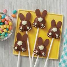 four chocolate bunny lollipops on a yellow plate