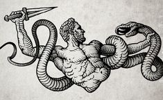 a drawing of a man with two snakes on his back