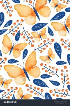 watercolor butterflies and berries pattern on white background stock photo - royalty illustration, clipping