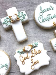 decorated cookies with the words god, blue joy and white frosting on them are laid out