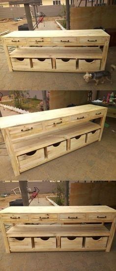 three different views of a bench made out of pallet wood with drawers on each side