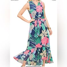 Talbots Hibiscus Tropical Floral Print Midi Maxi Dress Blue Multicolored 16p Nwt Beautiful Tropical Floral Print Sleeveless Maxi Dress From Talbots In Women's Size 16p Women's Dress Is A Beautiful Navy Blue Color With A Bright Tropical Print All Over It. Flattering Fit & Flare Style Dress. V-Neck With Ruffle Trim Around It. Belted Style With A Matching Fabric Belt. High-Low Hem. Ruffle Flounce. Lining In Matching Navy Blue Lining. Dress And Lining Are Both 100% Cotton. Elastic Waist For A Comfy Blue Sleeveless Hibiscus Print Dress, Sleeveless Blue Hibiscus Print Dress, Blue Sleeveless Dress With Hibiscus Print, Sleeveless Blue Dress With Hibiscus Print, Casual Hibiscus Print Maxi Dress, Blue Hibiscus Print Dress For Spring, Blue Spring Dress With Hibiscus Print, Spring Blue Dress With Hibiscus Print, Blue Tropical Dress With Hibiscus Print