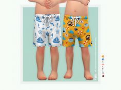 two little boys standing next to each other with their arms crossed and wearing swim trunks