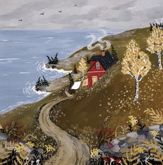 a painting of a red house on a hill by the ocean with birds flying overhead