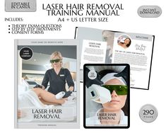 Laser Hair Removal Training Manual, Laser Hair Removal Guide, Laser Clinic Hair Removal Course, Edit in Canva --- Buy Today, Edit Today, Use Today!  ALL MANUALS CAN BE DOWNLOADED AS PDF EBOOKS FREE IN CANVA An easy to use, modern & educational laser hair removal training guide that provides step-by-step instructions for the required techniques and lasers. It is ready to use right away, fully loaded and ready to go instantly, or you can quickly and easily customize the content to match your own l Area Lesson, Nail Salon Prices, Skin Anatomy, Laser Clinic, Anatomy Lessons, Salon Price List, Male Chest, Fractional Laser, Intense Pulsed Light