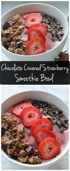 chocolate covered strawberry smoothie bowl with yogurt, granola and strawberries