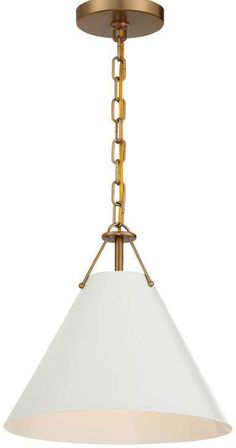 a light fixture with a white shade hanging from it's center point and chain on the bottom