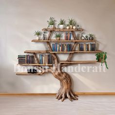 a bookshelf made out of tree branches with plants on the top and bottom shelves