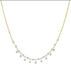 Exquisite bezel set diamonds and drops set in 14k white gold with yellow gold chain 14k white and yellow gold .48ct tw Diamond Chain Length 18" Best Selling Jewelry, Bezel Set Diamond, Diamond Chain, Yellow Gold Chain, Bezel Diamond, Gift Card Sale, Selling Jewelry, Bezel Setting, Chain Lengths