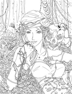 a coloring page with a woman and a cat