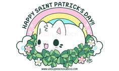 a white cat with green leaves around it and the words happy saint patrick's day