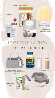 an info sheet with some items on it and the words postpartum recs on my bed side