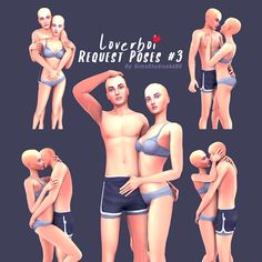 several poses of a man and woman in swimsuits with their arms around each other