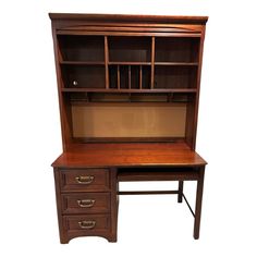 a wooden desk with two drawers and a bookcase on it's top shelf