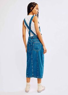 Woven overall jumper skirt. 100% Cotton. Model is wearing a size S. Overall Jumper, Overall Skirt, Oxford Blue, Jumper Skirt, Knit Bottom, Football Tees, Follow Your Heart, Heather White, Black Midi Skirt