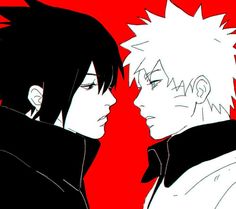 two anime characters are facing each other with their heads close to one another, while the background is red and black