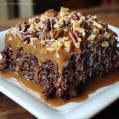 a close up of a piece of cake on a plate with caramel drizzle