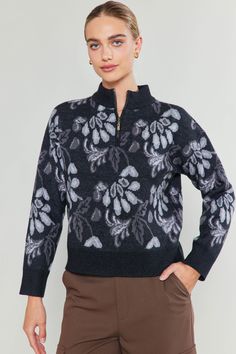 The perfect sweater is here. Spun from soft yarns, this style is jacquard-knitted with long sleeves and a multicolor floral motif that can't be missed. A mock neck with a half zip completes the look, letting you adjust the neckline to your liking. Relaxed Fit •Relaxed fit •Mock neck •Half zip •Long sleeves •Jacquard knit •Ribbed edges DIMENSIONS •Standard: 22.5" Length Item number 2330253 50%ACRYLIC 31%POLY 19%NYLON Hand wash cold Flat Dry Fall Black Jacquard Knit Sweater, Black Jacquard Knit Sweater For Fall, Black Floral Print Sweater For Winter, Winter Black Sweater With Floral Print, Black Half-zip Sweater For Fall, Black Long Sleeve Sweater With Floral Print, Perfect Sweater, Jacquard Sweater, Floral Jacquard