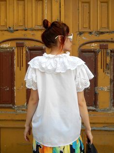 Vintage Cotton Folk Blouse Embroidered Edwardian Top | Etsy Bohemian Broderie Anglaise Short Sleeve Blouse, White Peasant Top With Boho Collar For Summer, Bohemian Blouse With Broderie Anglaise Short Sleeves, Peasant Cotton Blouse With Ruffles, White Cotton Peasant Top With Ruffles, White Peasant Top With Boho Collar, Cotton Top With Broderie Anglaise And Ruffled Collar, White Cotton Cottagecore Peasant Top, White Boho Collar Peasant Top