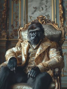 a gorilla sitting on top of a golden chair