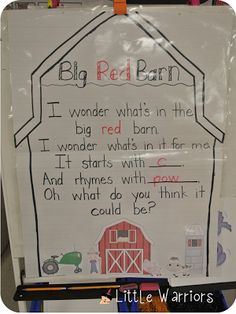 a white board with writing on it that says, big red barn i wonder what's in the big red barn