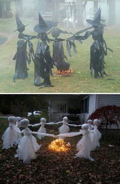 two pictures of halloween decorations in the yard