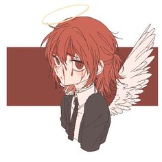 an anime character with red hair and angel wings, wearing a black shirt and tie